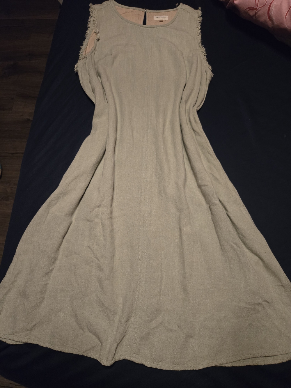 Thread & Supply Sleeveless Beige A-Line Midi Dress with Frayed Arm Detail
